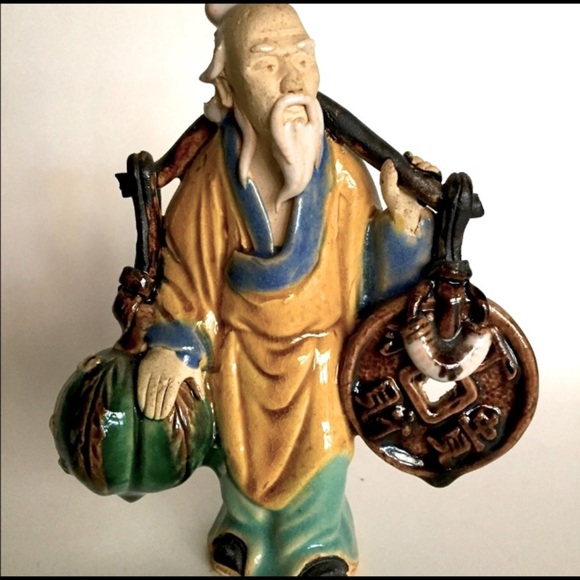 Vintage Glazed Figurine Asian Man Carrying Good Luck Charm - Picture 1 of 4